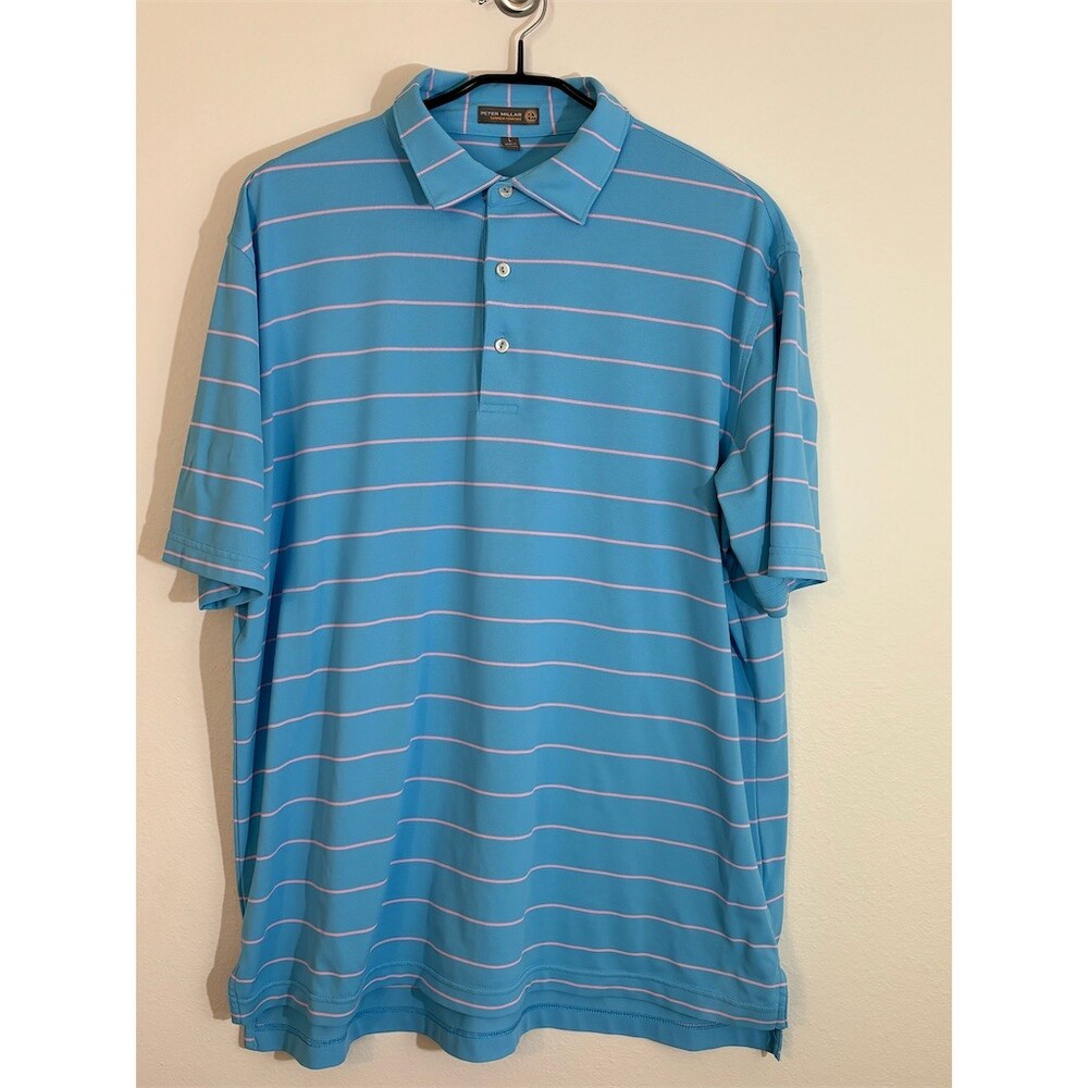 Peter Millar Summer Comfort Polo Shirt Mens L Blue Pink Stripe Golf